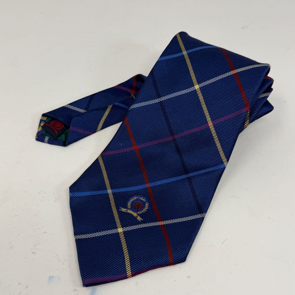 Tommy Hilfiger Mens Silk Tie Navy Blue Plaid Crest Logo Made in USA 3.75 Inch